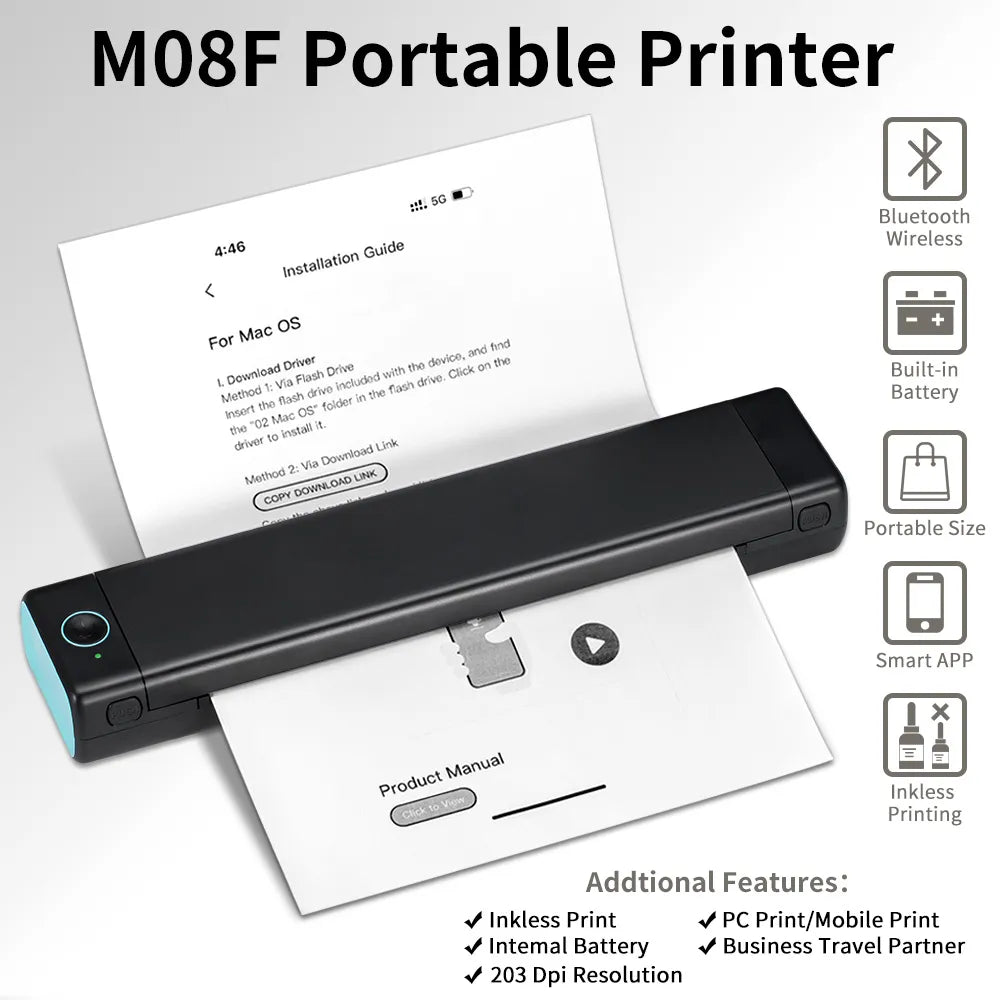M08F A4 Portable Thermal Printer,Supports 8.26"X11.69" A4 Thermal Paper,Wireless Mobile Travel Printers for Car & Office